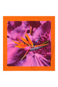 Load image into Gallery viewer, Silk scarf featuring an Orange Bird of Paradise with a Pink and Purple print, displayed as a flat lay to showcase its vibrant design.