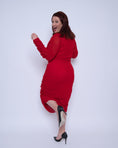 Load image into Gallery viewer, Women's Red Plus Size Boudicca Ruched Bodycon Midi Dress shown from the back, styled with black heels for a sophisticated, elegant look.