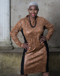 Load image into Gallery viewer, Women's Plus Size Black Brown Animal Print Bodycon Midi Vegan Leather Dress styled with a black necklace.