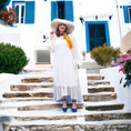 Load image into Gallery viewer, Women's Plus Size Aphrodite White Holiday Resort Dress with a white undergarment, paired with a white sunhat, the Cherry Blossom Silk Scarf and blue heels for a chic holiday look.