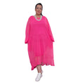 Load image into Gallery viewer, Women's Aphrodite Plus Size Hot Pink Holiday Resort Dress with a hot pink undergarment shown, paired with a white necklace and white sneakers