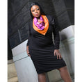 Load image into Gallery viewer, Silk scarf with Orange Bird of Paradise and Pink and Purple print, styled around model's neck over a Black Plus Size Bodycon Dress.