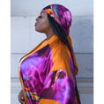 Load image into Gallery viewer, Silk scarf with Orange Bird of Paradise and Pink and Purple print styled as a headscarf, paired with a Pink and Purple Luxury Silk Kimono.