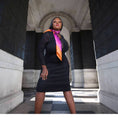 Load image into Gallery viewer, Silk scarf with Orange Bird of Paradise and Pink and Purple print, styled elegantly around model's neck over a Black Plus Size Bodycon Dress.