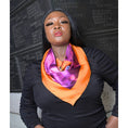 Load image into Gallery viewer, Silk scarf with Orange Bird of Paradise and Pink and Purple print, styled around model's neck over a Black Plus Size Bodycon Dress shown as a close up.