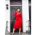 Load image into Gallery viewer, Women's Red Plus Size Boudicca Ruched Bodycon Midi Dress styled with silver jewelry by Veronique Designs and gold Kurt Geiger sandals.