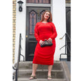 Load image into Gallery viewer, Women's Red Plus Size Ruched Bodycon Midi Dress styled with silver jewelry by Veronique Designs, black clutch, and gold Kurt Geiger sandals.