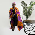 Load image into Gallery viewer, Women's Bird of Paradise Pink Purple Silk Kimono styled with the Boudicca Black Ruched Dress and a matching Pink Purple Silk Scarf as a headscarf for a cohesive look.