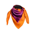Load image into Gallery viewer, Womens Luxury Silk scarf featuring an Orange Bird of Paradise with a pink and purple print, displayed as a cutout on an invisible mannequin.