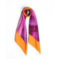 Load image into Gallery viewer, Silk scarf showcasing an Orange Bird of Paradise with a Pink and Purple print, displayed as a cutout to highlight its intricate design.