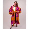 Load image into Gallery viewer, Womens Bird of Paradise Pink Purple Silk Kimono styled with a white blouse, black pencil skirt, and Jewelry by Veronique Designs for a chic work outfit.