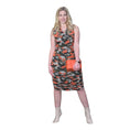 Load image into Gallery viewer, Women's Summer Mid Size Orange Green Grey Camouflage Bodycon Midi Dress styled with an orange handbag and beige boots for a modern, stylish look.
