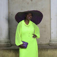 Load image into Gallery viewer, Women's Plus Size Aphrodite Neon Lime Holiday Resort Dress with matching neon lime undergarment and hoodie, styled with a purple sunhat, handbag, for a elegant holiday look.