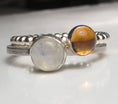 Load image into Gallery viewer, Sterling silver minimalist rings with citrine and rainbow moonstone gemstones, yellow gemstone stacking ring, moonstone stack, handmade