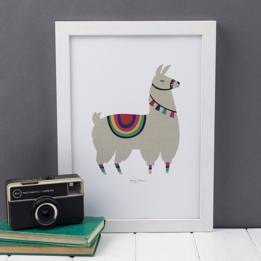 Llama Print, Animal Poster, Llama Gifts, Nursery Decor, Alpaca Wall Art, Gift for Kids Bedroom, Mexican Pom Poms, Rainbow, Gift for Girls