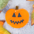 Load image into Gallery viewer, Handmade Fused Glass Halloween Trick Or Treat Pumpkin Brooch By Jessica Irena Smith Glass