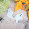 Load image into Gallery viewer, Handmade Fused Glass Halloween Trick Or Treat Ghost Brooch By Jessica Irena Smith Glass
