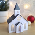 Load image into Gallery viewer, 3D Paper Church/ Christmas House/ DIY Tea Light/ Paper Village/ Tea Light House/ Scandi House Decor/ Paper Churc Decoration/ Mantle Decor