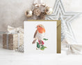 Load image into Gallery viewer, Robin Christmas Card: Holly Berries, Wildlife Art, Blank Inside