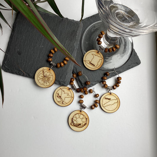 Wooden Engraved Wineglass Charms, Country Symbol Charms for Wine Lovers, Glass Identifier for Dinner Party