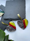 Load image into Gallery viewer, Heart Shaped Statement Earrings, Green Yellow and Red Heart Earrings for Ladies, Unique Jewelry for Loved One, Large Dangle Earrings