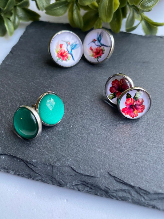 Triple Stud Pack Earrings, Garden Inspired Earring Gift Set, Floral Cabochon Jewellery, Hummingbird Earrings for Ladies, Present for Friend