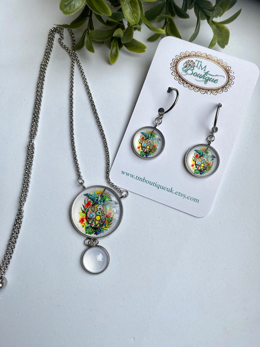 Turtle Earring Necklace Set, Adjustable Necklace, Beach Inspired Photo Jewelry, Turtle Photo Cabochon Set, Cruise Ship Holiday Jewelry