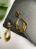Load image into Gallery viewer, Leopard Print Cabochon Earrings, Yellow Geometric Drop Earrings, Acrylic Pushback Earrings for Pierced Ears, Summer Earrings for Ladies