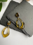Load image into Gallery viewer, Leopard Print Cabochon Earrings, Yellow Geometric Drop Earrings, Acrylic Pushback Earrings for Pierced Ears, Summer Earrings for Ladies