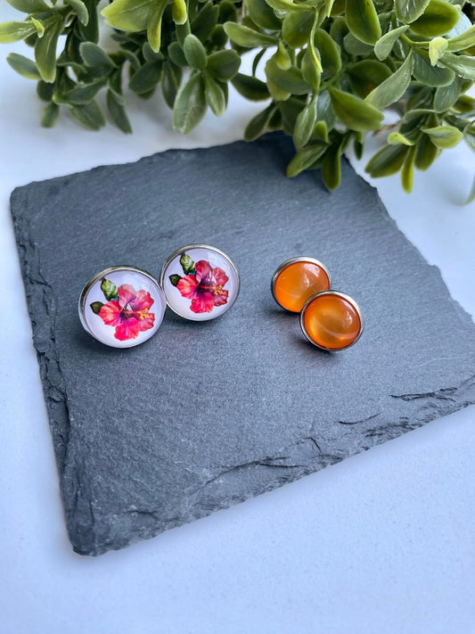 Tropical Style Stud Earrings, Hibiscus Flower Earrings, Orange Cabochon Earrings for Ladies, Mothers Day Gift, Double Stud Pack Earrings Set