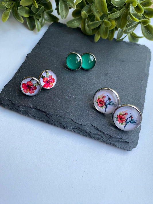Triple Stud Pack Earrings, Garden Inspired Earring Gift Set, Floral Cabochon Jewellery, Hummingbird Earrings for Ladies, Present for Friend
