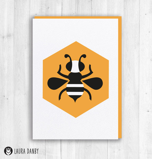 Bee Letterpress Postcard, Black & Yellow Ink, Blank Honeycomb Birthday Card, Graphic Symbol, Bee Icon, Hexagon, Geometric Design, Bee Logo
