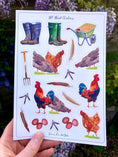 Load image into Gallery viewer, A5 sticker sheet featuring illustrated chickens and countryside motifs, made with biodegradable materials for scrapbooks and journals