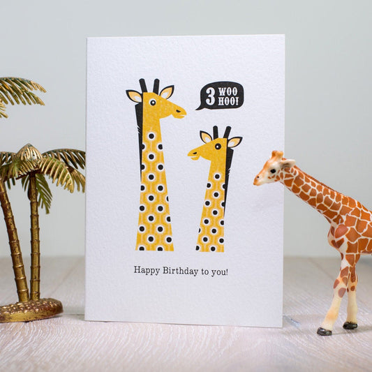 Giraffe Third Birthday Card, 3rd Childrens Birthday Card, Age Three 3 Animal Jungle Birthday Card, Kids Retro Scandinavian Geometric Design