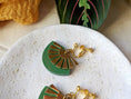 Load image into Gallery viewer, leafy-green-brass-art-deco-acrylic-gold-vermeil-fan-drop-earrings-637a8e50 - Copy
