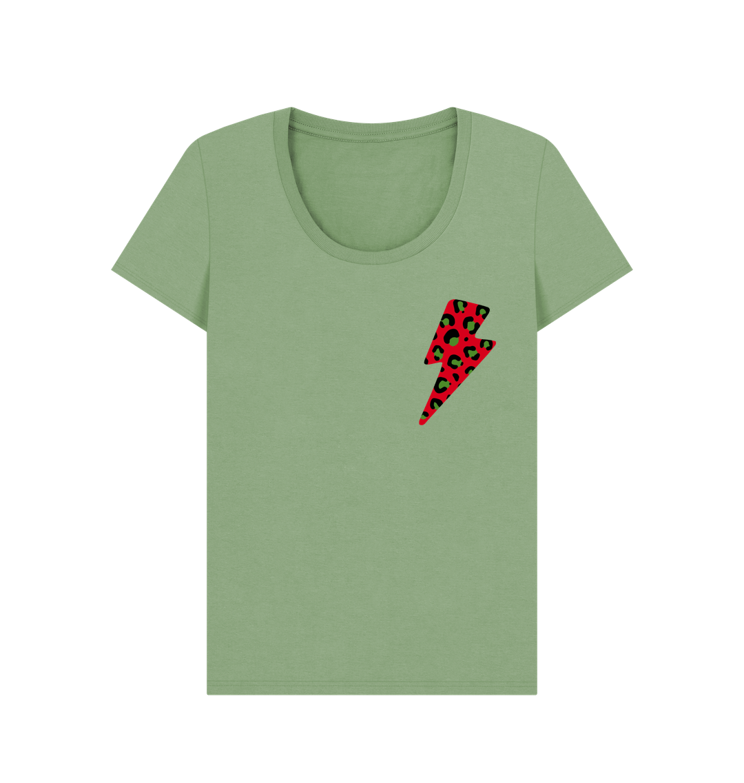 Sage Christmas red and green leopard print lightning bolt scoop neck t-shirt