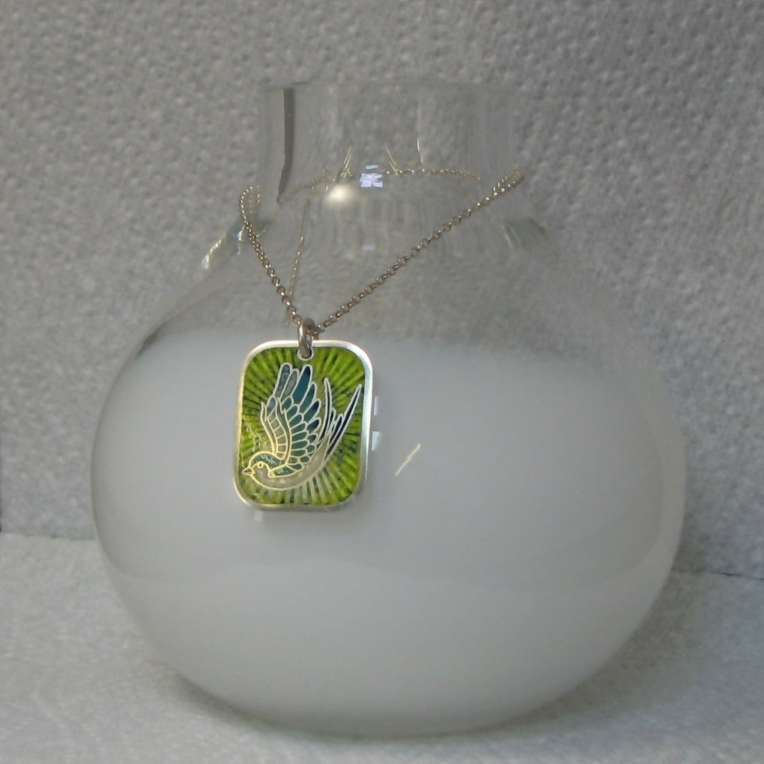 Swallow of hope vitreous enamelled sterling silver oblong pendant