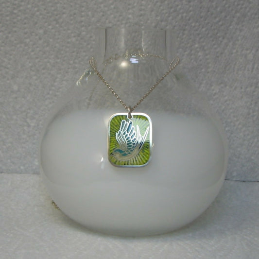 Swallow of hope vitreous enamelled sterling silver oblong pendant