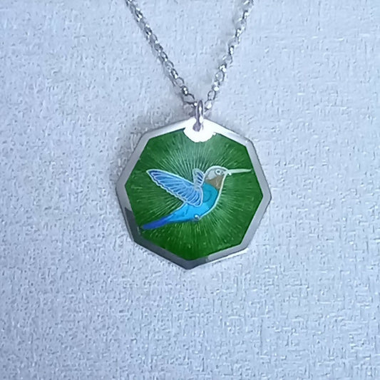 hummingbird vitreous glass enamelled silver octaganol pendant