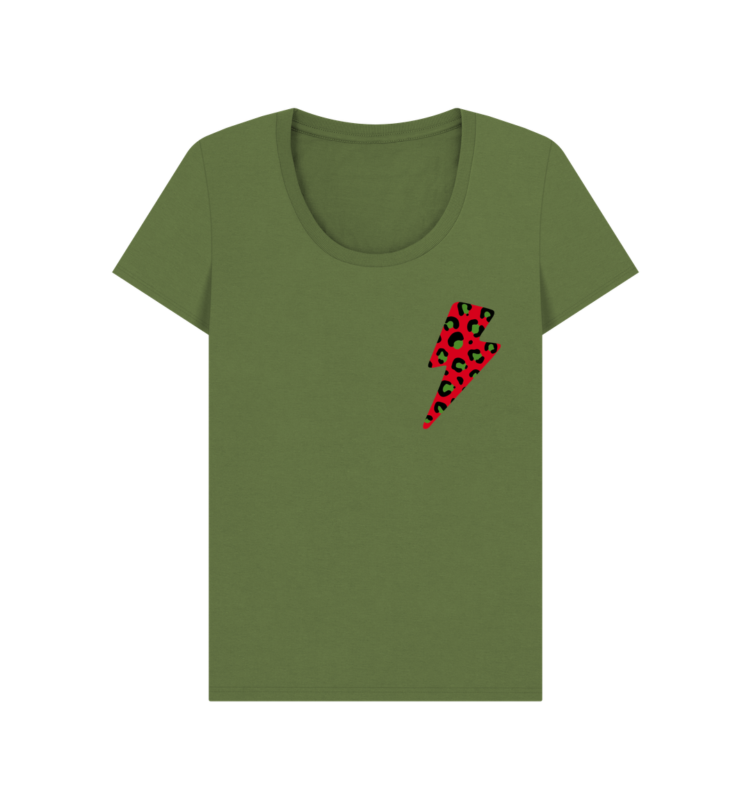 Khaki Christmas red and green leopard print lightning bolt scoop neck t-shirt