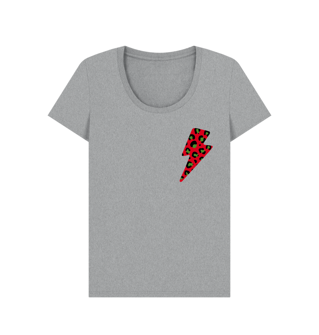 Athletic Grey Christmas red and green leopard print lightning bolt scoop neck t-shirt