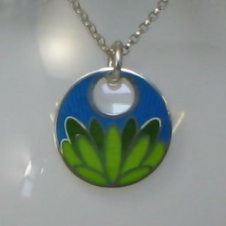 Lotus flower inspired vitreous enamelled sterling silver round pendant