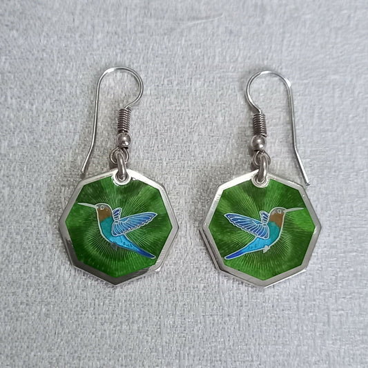 hummingbird  vitreous glass enamelled octaganol silver earrings