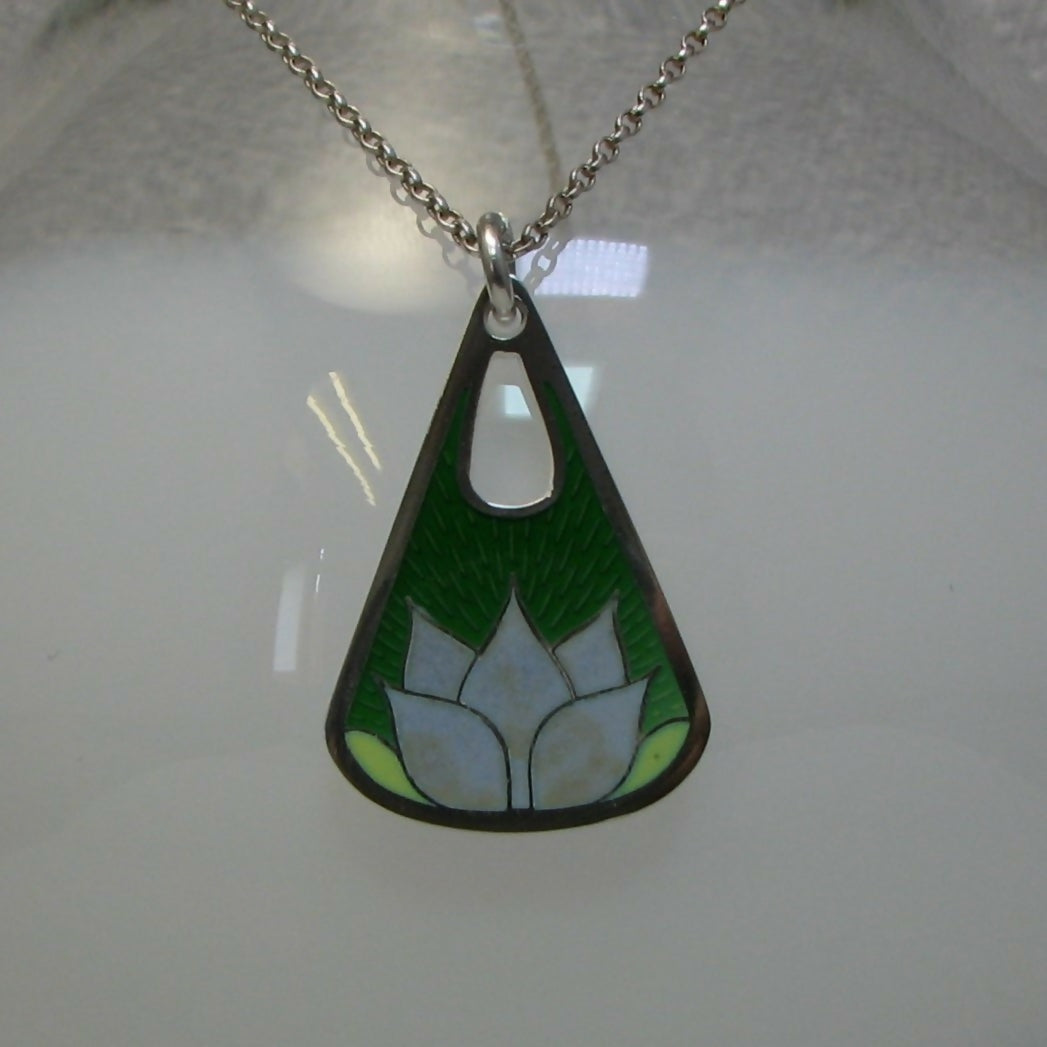 Lotus flower inspired vitreous enamelled sterling silver tear drop shape pendant & earrings