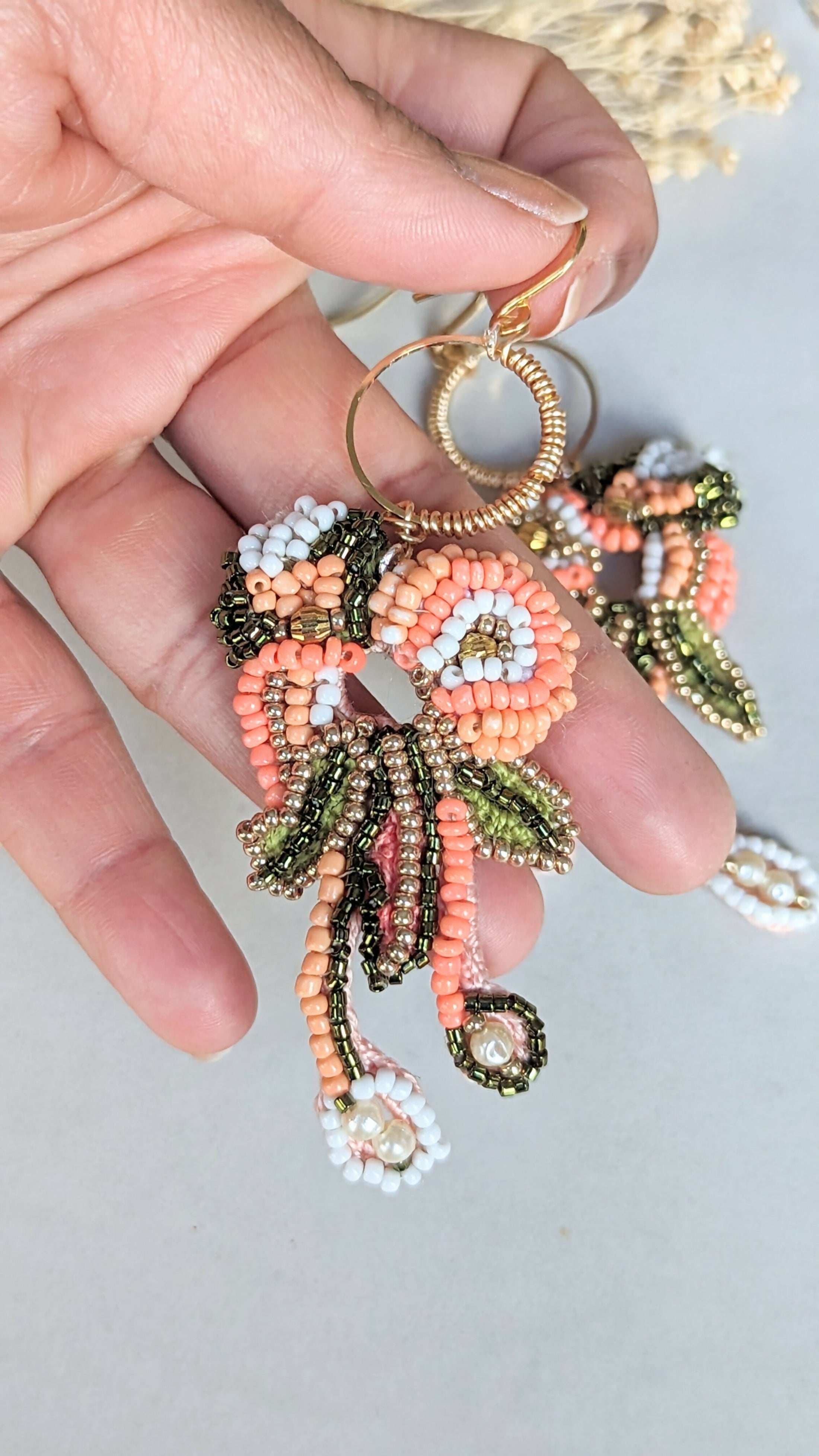 Peach Green Gold Statement Beaded Indian Earrings | Mayaani Jewellery