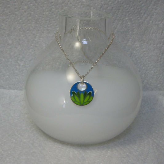 Lotus flower inspired vitreous enamelled sterling silver round pendant