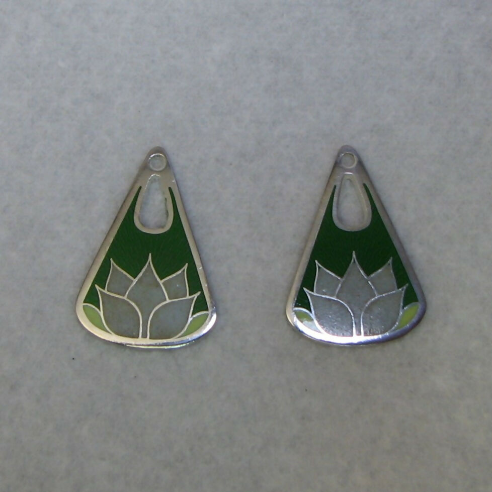 Lotus flower inspired vitreous enamelled sterling silver tear drop shape pendant & earrings & set