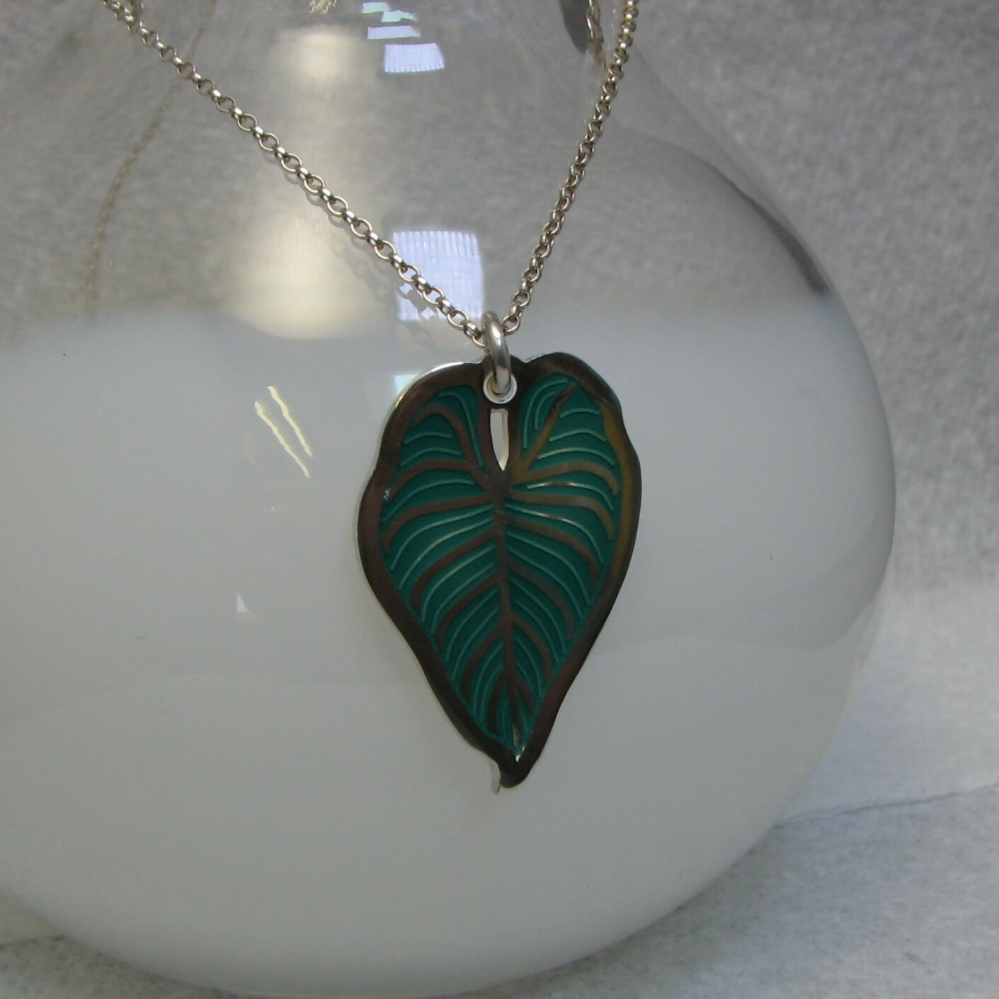 leaf inspired vitreous glass enamel pendant