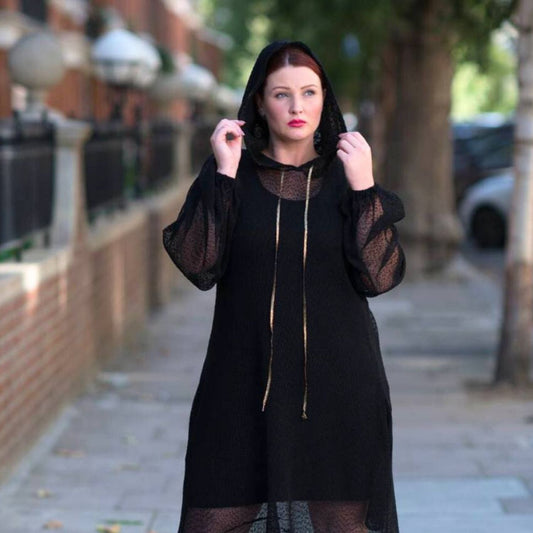 Women's Plus Size Aphrodite Black Holiday Resort Dress with matching black undergarment and hoodie.