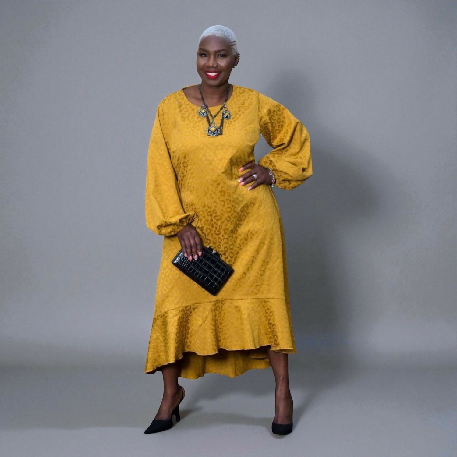 Aphrodite Gold Leopard Jacquard Midi Dress -Inclusive Plus Size up to UK 24 / US 20